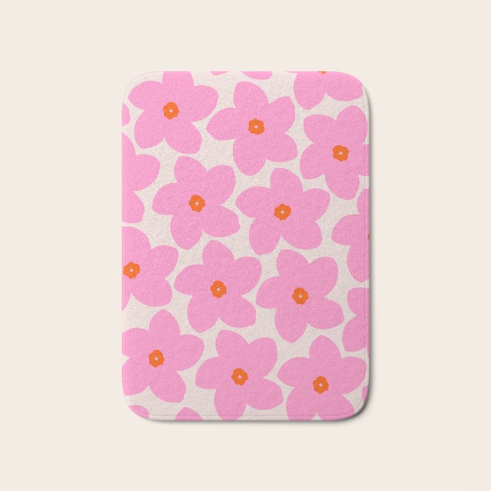 Abstract Retro Flower Pink Orange And Neutral Print Preppy Modern Floral Bath Mat Gallery Image 1