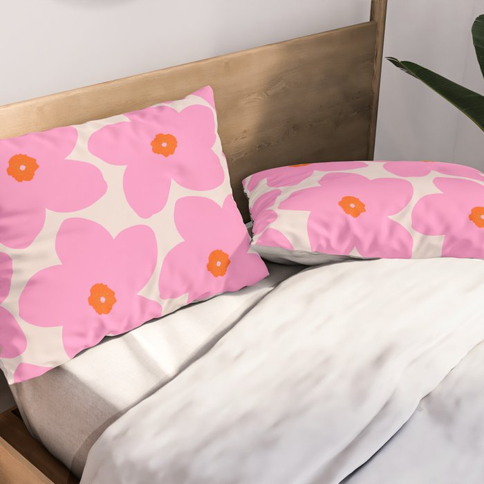 Abstract Retro Flower Pink Orange And Neutral Print Preppy Modern Floral Pillow Sham Gallery Image 2