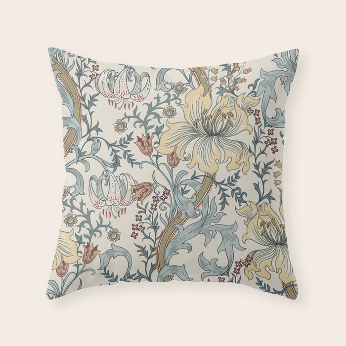 William Morris Enchanted Golden Lily Cream Blue Floral Throw Pillow Gallery Image 6