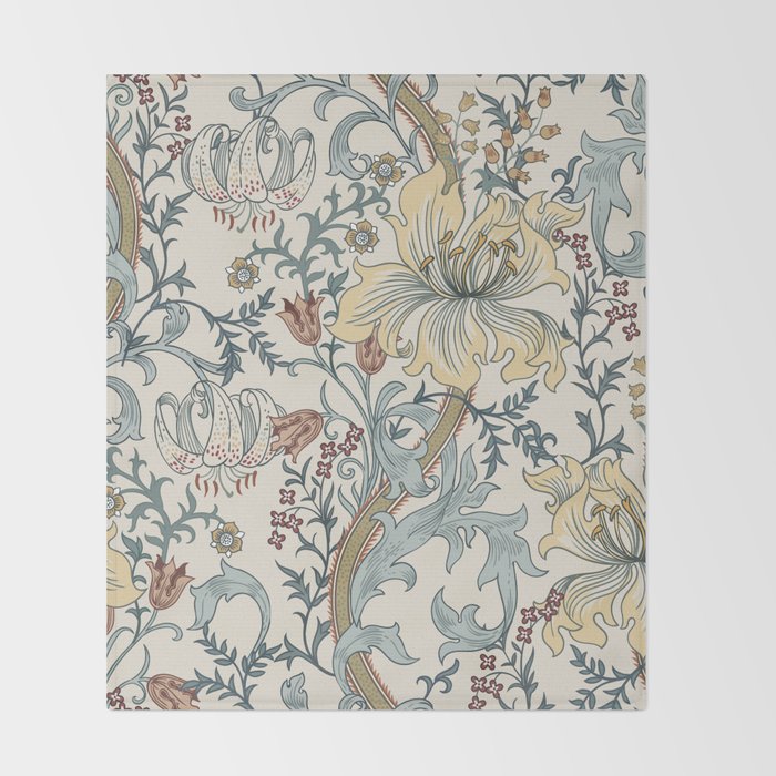 William Morris Enchanted Golden Lily Cream Blue Floral Throw Blanket Gallery Image 2