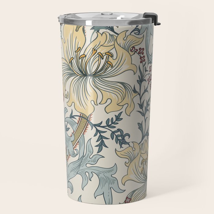William Morris Enchanted Golden Lily Cream Blue Floral Travel Mug Gallery Image 2