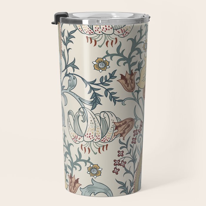 William Morris Enchanted Golden Lily Cream Blue Floral Travel Mug Gallery Image 3