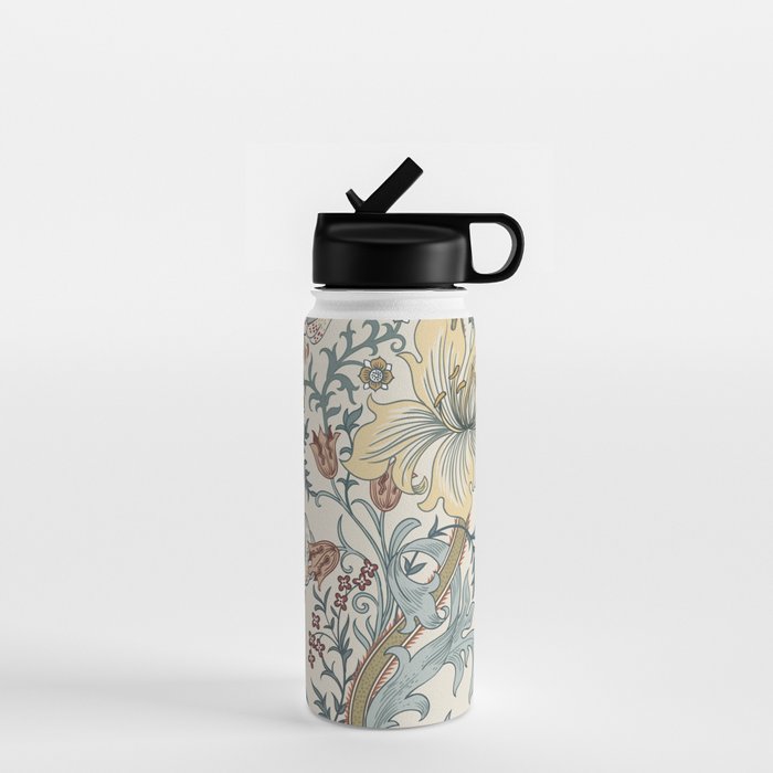 William Morris Enchanted Golden Lily Cream Blue Floral Water Bottle Gallery Image 1