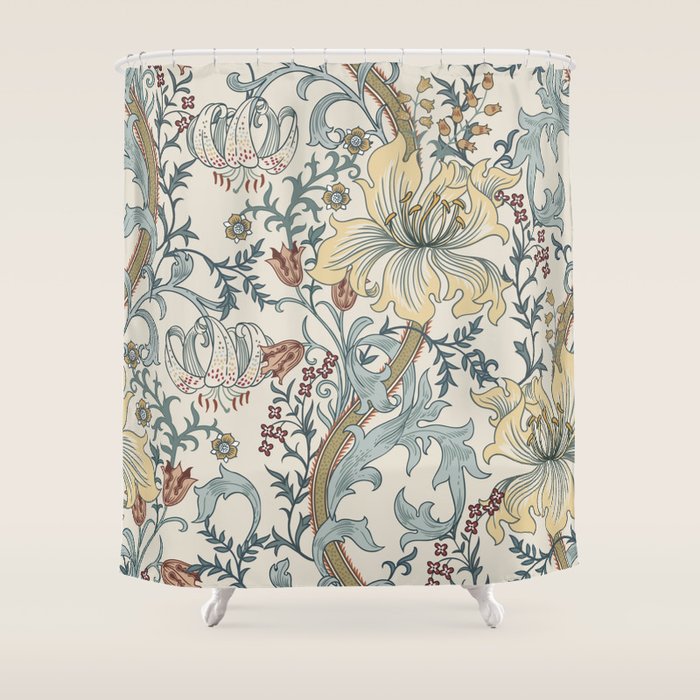 William Morris Enchanted Golden Lily Cream Blue Floral Shower Curtain Gallery Image 1
