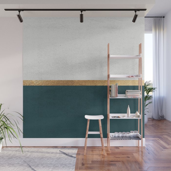 Deep Green, Gold and White Color Block Wall Mural Gallery Image 1