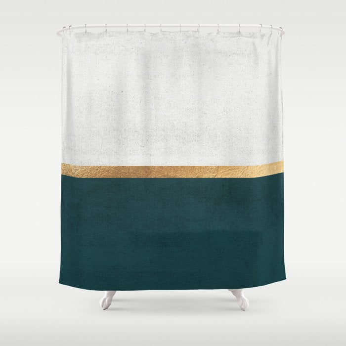 Deep Green, Gold and White Color Block Shower Curtain Gallery Image 1