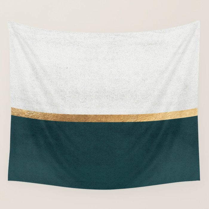 Deep Green, Gold and White Color Block Wall Tapestry Gallery Image 4