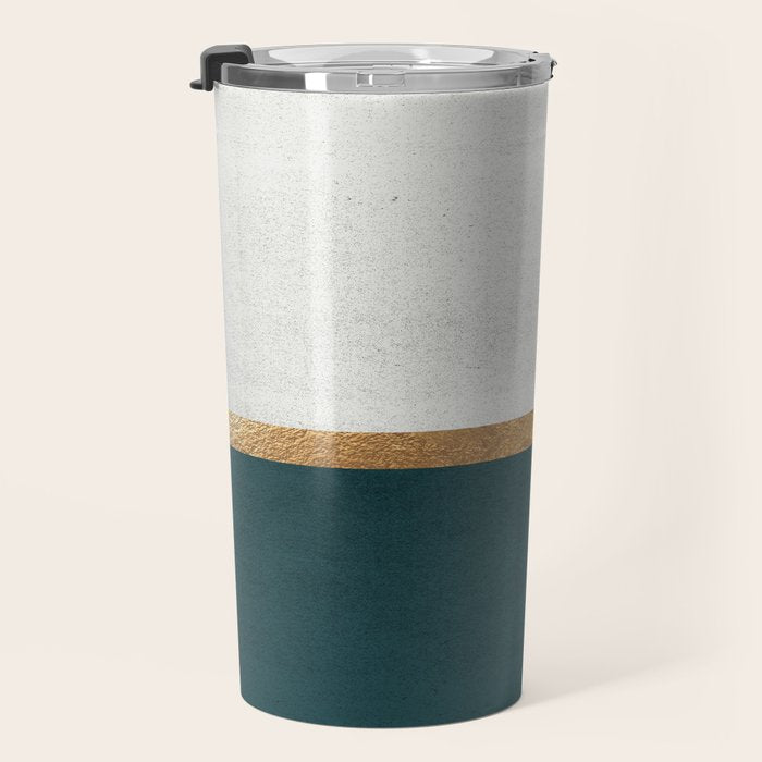 Deep Green, Gold and White Color Block Travel Mug Gallery Image 3