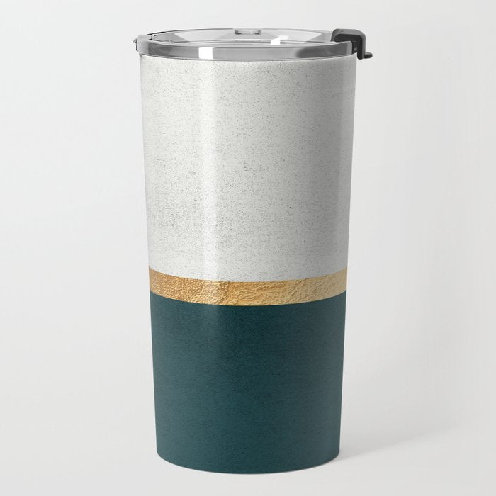 Deep Green, Gold and White Color Block Travel Mug Gallery Image 2