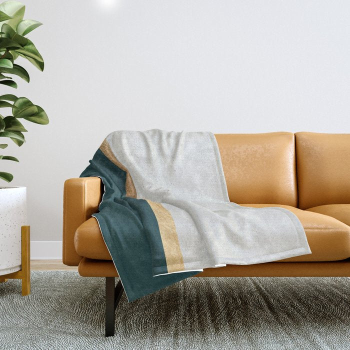 Deep Green, Gold and White Color Block Throw Blanket Gallery Image 1