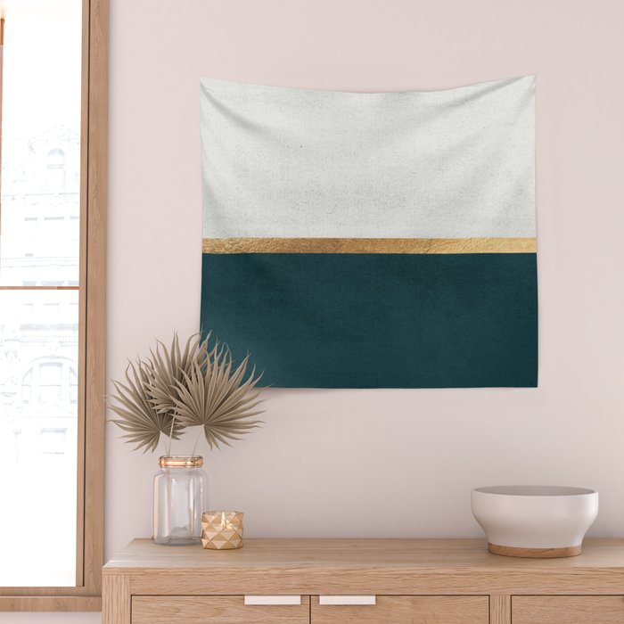 Deep Green, Gold and White Color Block Wall Tapestry Gallery Image 2