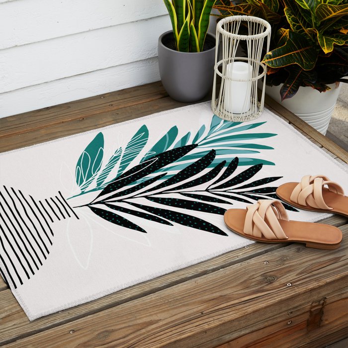 Teal Olive Branches Modern Botanical Outdoor Rug Gallery Image 2