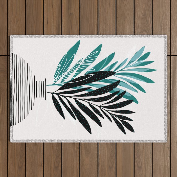 Teal Olive Branches Modern Botanical Outdoor Rug Gallery Image 1
