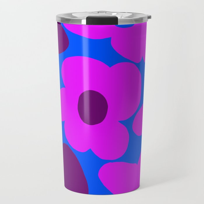 Large Pink and Purple Retro Flowers Blue Background #decor #society6 #buyart Travel Mug Gallery Image 1