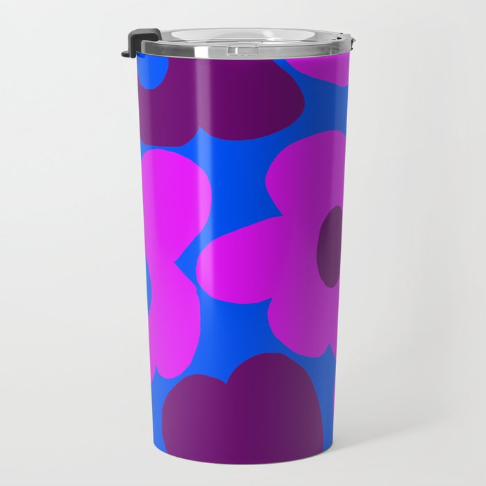 Large Pink and Purple Retro Flowers Blue Background #decor #society6 #buyart Travel Mug Gallery Image 3