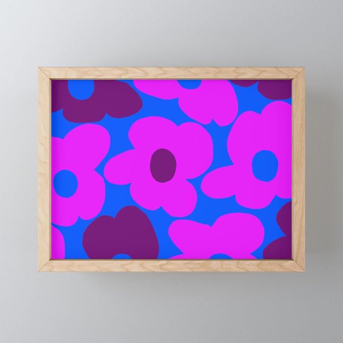 Large Pink and Purple Retro Flowers Blue Background #decor #society6 #buyart Mini Art Print Gallery Image 1
