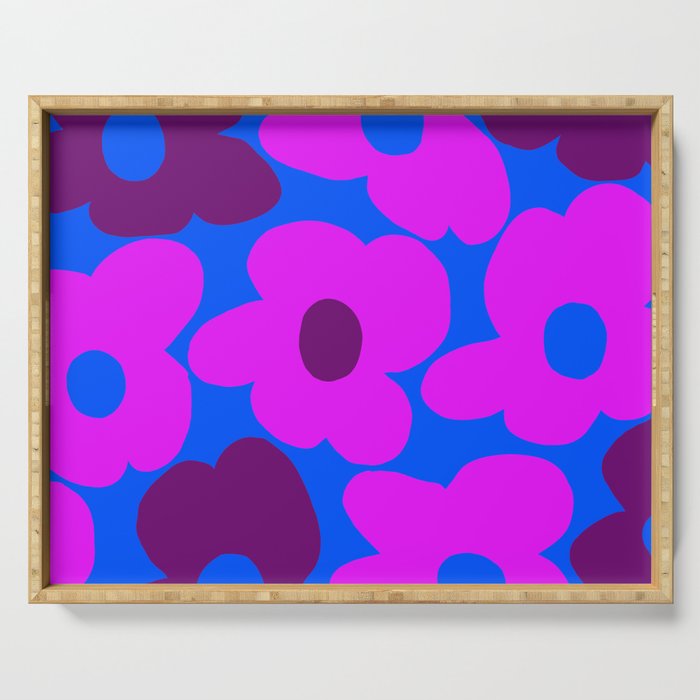 Large Pink and Purple Retro Flowers Blue Background #decor #society6 #buyart Serving Tray Gallery Image 1