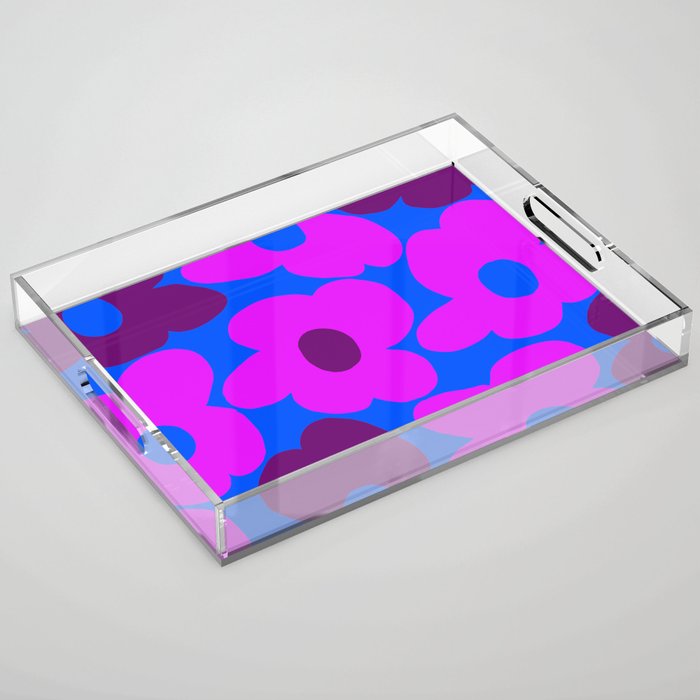 Large Pink and Purple Retro Flowers Blue Background #decor #society6 #buyart Acrylic Tray Gallery Image 1