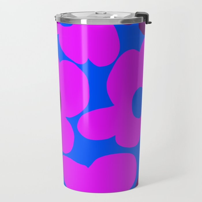 Large Pink and Purple Retro Flowers Blue Background #decor #society6 #buyart Travel Mug Gallery Image 2