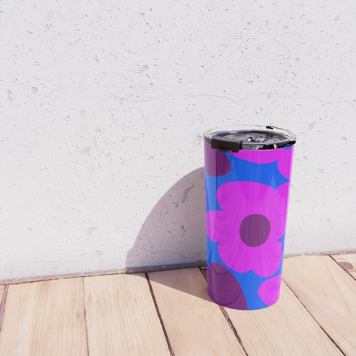 Large Pink and Purple Retro Flowers Blue Background #decor #society6 #buyart Travel Mug Gallery Image 4