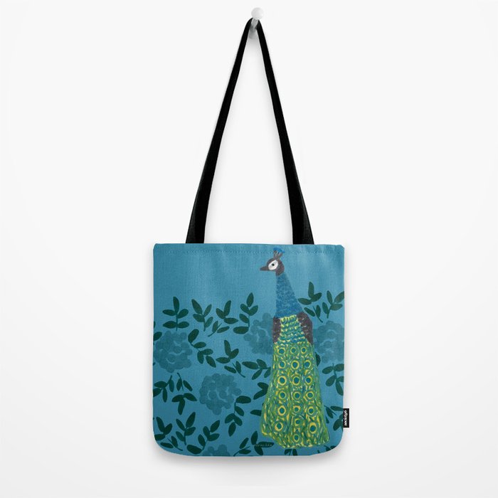 Peacock and Flower - Teal and Blue Tote Bag Gallery Image 2