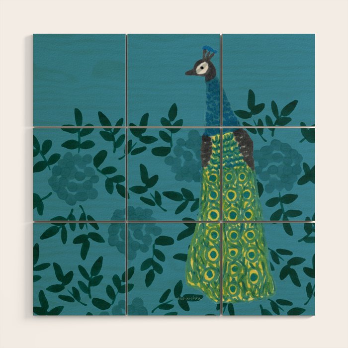 Peacock and Flower - Teal and Blue Wood Wall Art Gallery Image 1