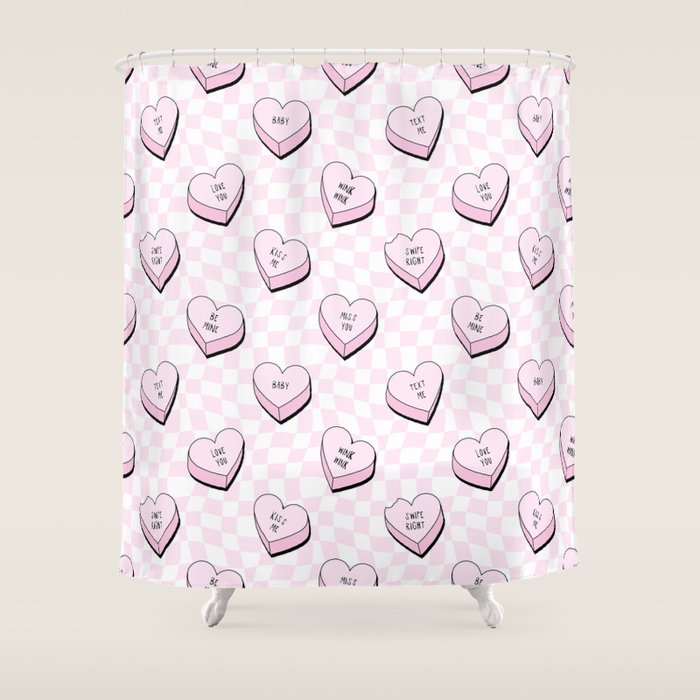 Pink love heart candy checkered pattern Shower Curtain Gallery Image 1