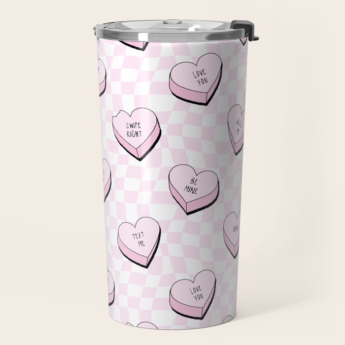 Pink love heart candy checkered pattern Travel Mug Gallery Image 2