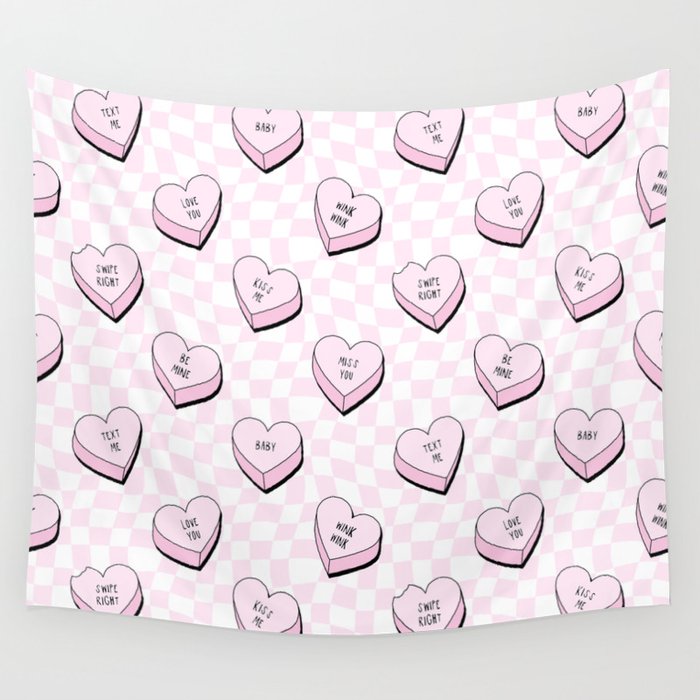 Pink love heart candy checkered pattern Wall Tapestry Gallery Image 1