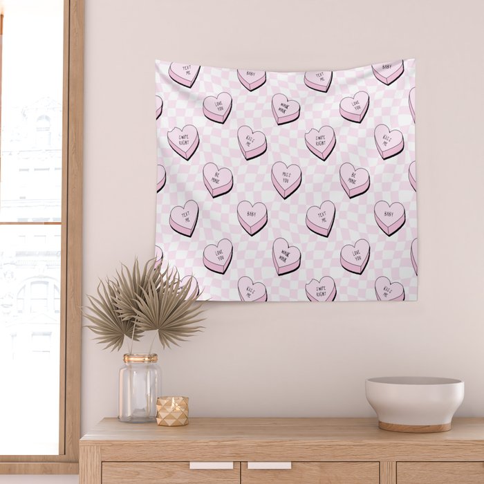 Pink love heart candy checkered pattern Wall Tapestry Gallery Image 2