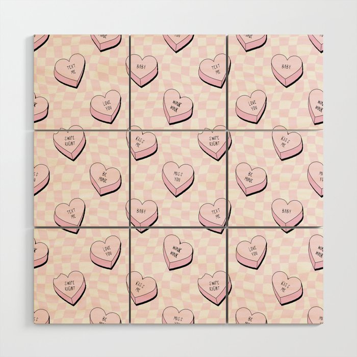 Pink love heart candy checkered pattern Wood Wall Art Gallery Image 1
