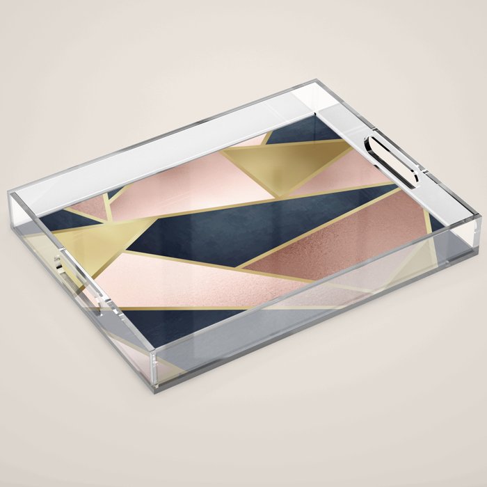 Geometric Art, Rose Gold, Pink and Navy Blue Modern  Acrylic Tray Gallery Image 1
