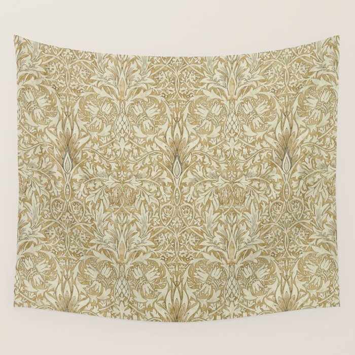 William Morris Vintage Snakeshead Gold Linen Pattern Wall Tapestry Gallery Image 1
