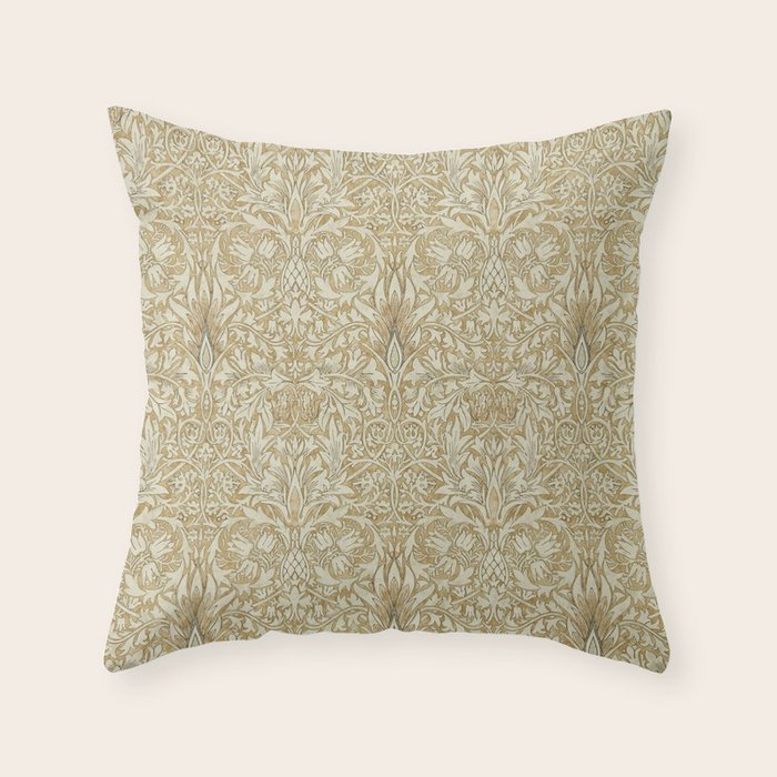 William Morris Vintage Snakeshead Gold Linen Pattern Throw Pillow Gallery Image 1