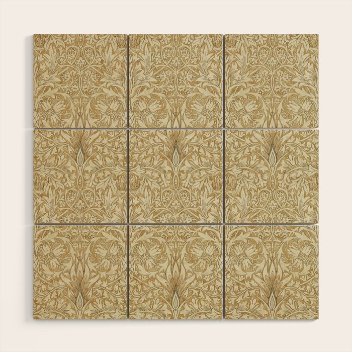 William Morris Vintage Snakeshead Gold Linen Pattern Wood Wall Art Gallery Image 1