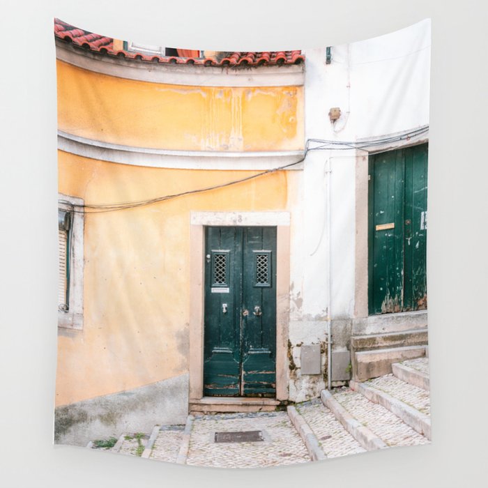 Yellow Lisbon | Front door travel photography Alfama quarter | Portugal  Wall Tapestry Gallery Image 4