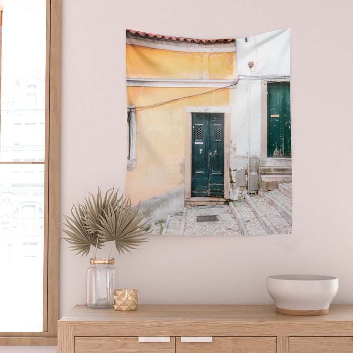 Yellow Lisbon | Front door travel photography Alfama quarter | Portugal  Wall Tapestry Gallery Image 2