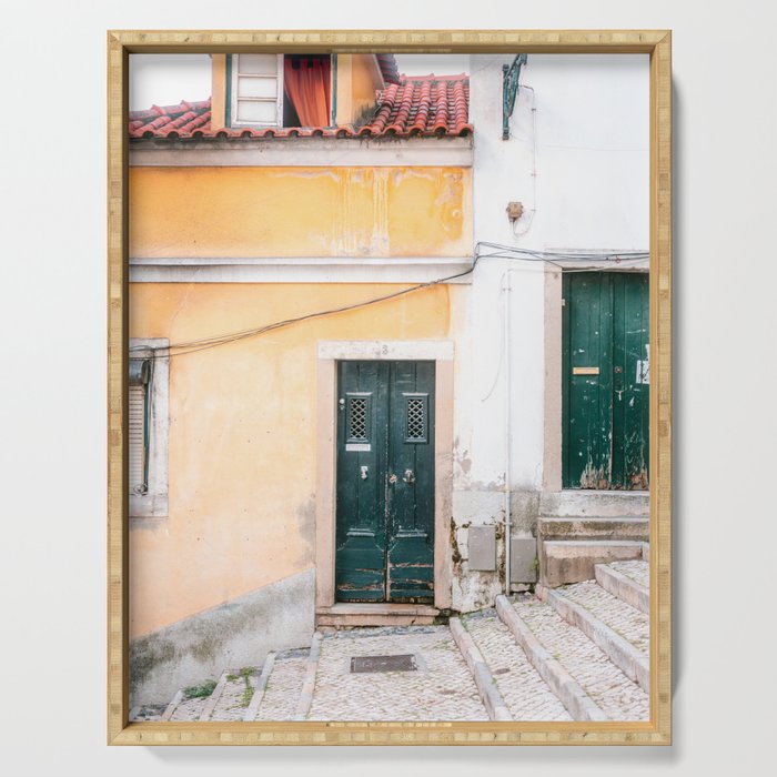 Yellow Lisbon | Front door travel photography Alfama quarter | Portugal  Serving Tray Gallery Image 1