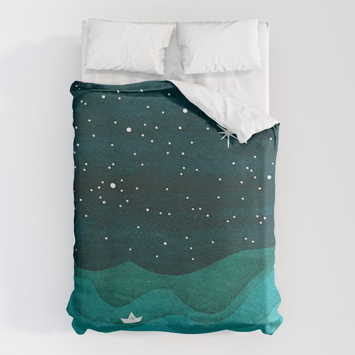 Starry Ocean, teal sailboat watercolor sea waves night Duvet Cover Gallery Image 1