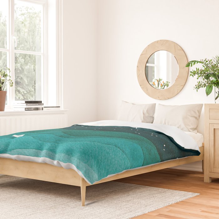 Starry Ocean, teal sailboat watercolor sea waves night Duvet Cover Gallery Image 2