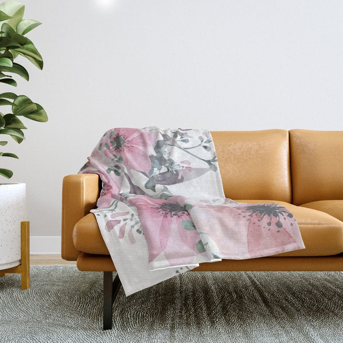 Floral Watercolor, Pink and Gray, Watercolor Print Throw Blanket Gallery Image 1