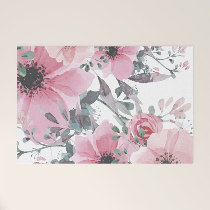 Floral Watercolor, Pink and Gray, Watercolor Print Welcome Mat Gallery Image 1