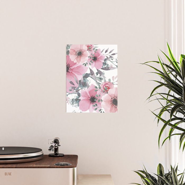 Floral Watercolor, Pink and Gray, Watercolor Print Poster Gallery Image 2