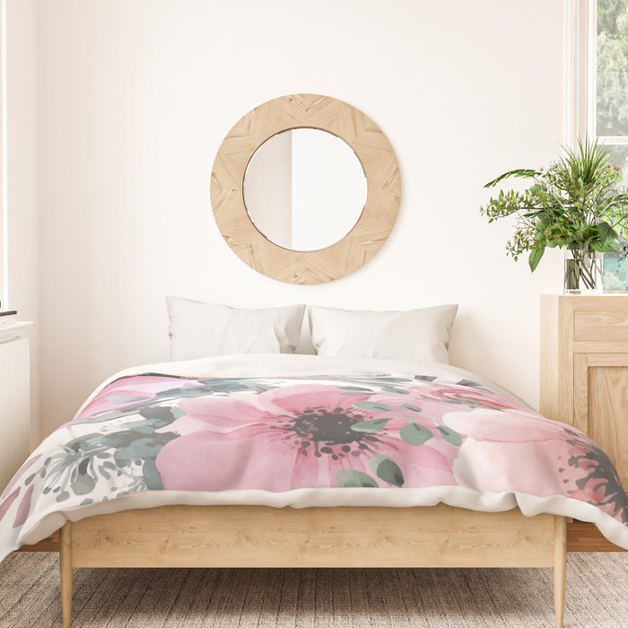 Floral Watercolor, Pink and Gray, Watercolor Print Duvet Cover Gallery Image 3