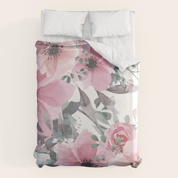 Floral Watercolor, Pink and Gray, Watercolor Print Duvet Cover Gallery Image 1