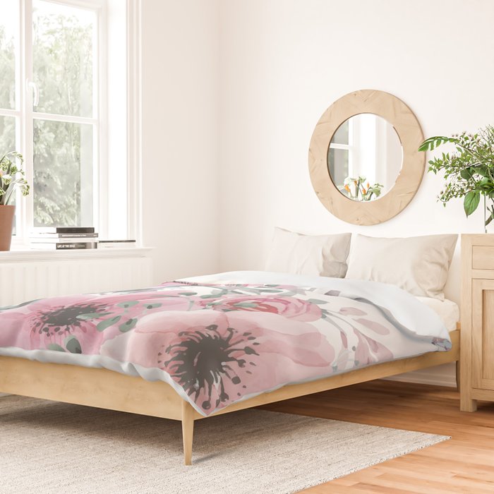 Floral Watercolor, Pink and Gray, Watercolor Print Duvet Cover Gallery Image 2