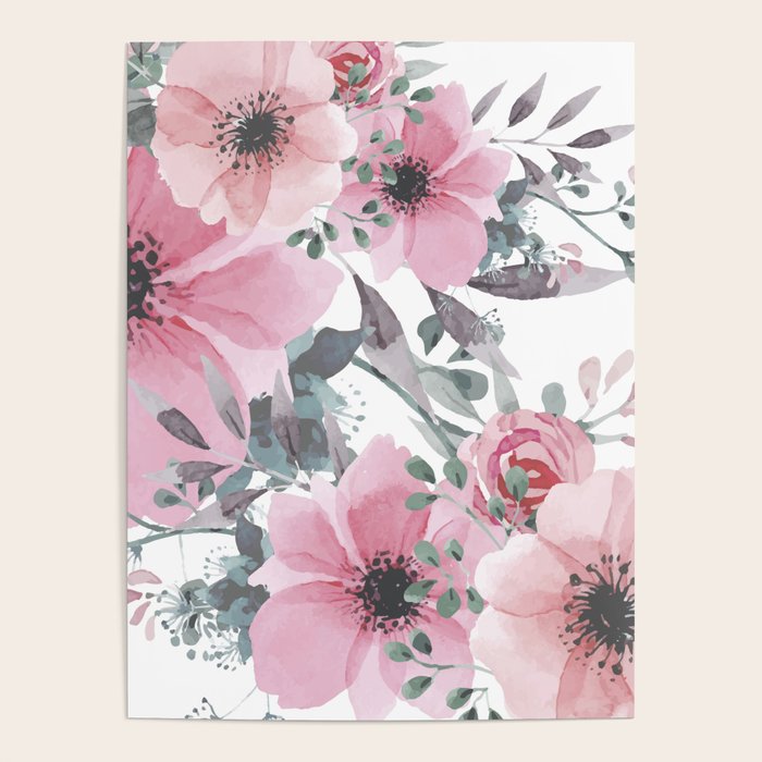 Floral Watercolor, Pink and Gray, Watercolor Print Poster Gallery Image 4