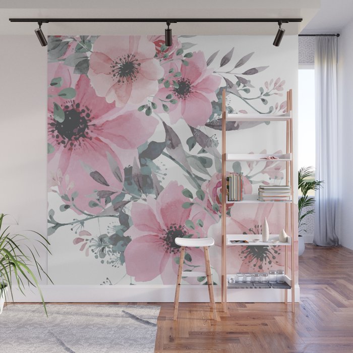 Floral Watercolor, Pink and Gray, Watercolor Print Wall Mural Gallery Image 1