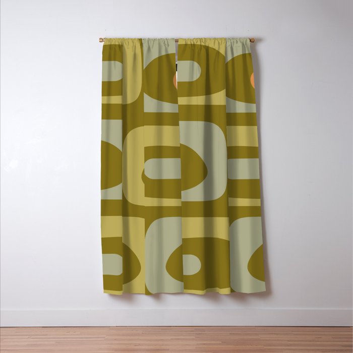 Mid-Century Modern Piquet Minimalist Abstract in Retro Olive Green Celadon Orange Window Curtain Gallery Image 3