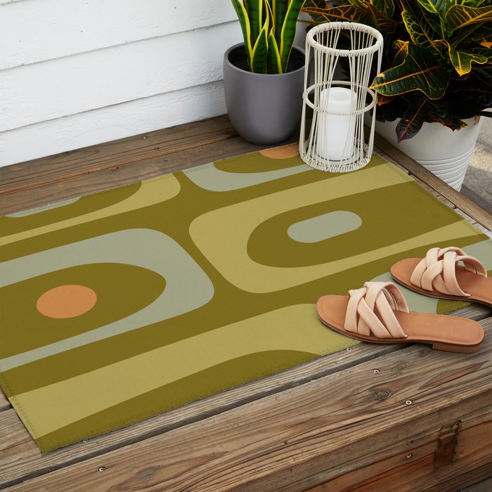 Mid-Century Modern Piquet Minimalist Abstract in Retro Olive Green Celadon Orange Outdoor Rug Gallery Image 2
